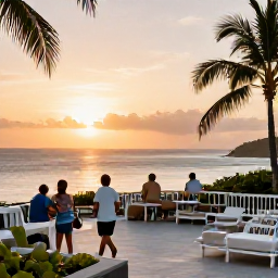 Caribbean Holidays, Guadeloupe Multi-Country, A stylish Caribbean hotel terrace overlooking the sea at sunset, with travellers planning a September island-hopping journey