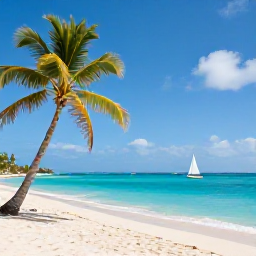 Caribbean Holidays, Guadeloupe Multi-Country, A sunny Guadeloupe beach with turquoise water, palm trees, a small sailing boat and relaxed January holiday atmosphere