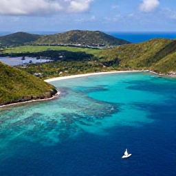 Caribbean Holidays, Guadeloupe Multi-Country, Aerial view of Guadeloupe's tropical coastline with turquoise water, green hills and a small sailing boat