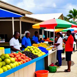 Caribbean Holidays, Guadeloupe Multi-Country, Colourful Guadeloupe market stalls with tropical fruit, spices and friendly local shoppers in a sunny Caribbean town
