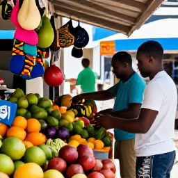 Caribbean Holidays, Guadeloupe Multi-Country, Couple exploring a tropical Caribbean market in August, with colourful fruit, local crafts and friendly island atmosphere