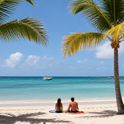 Caribbean Holidays, Guadeloupe Multi-Country, Couple relaxing on a quiet Caribbean beach in July with palm trees, calm turquoise sea and a small boat offshore