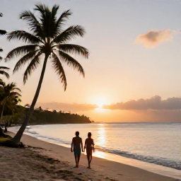 Caribbean Holidays, Guadeloupe Multi-Country, Couple walking along a quiet Guadeloupe beach at sunset, with palms, calm sea and soft golden light