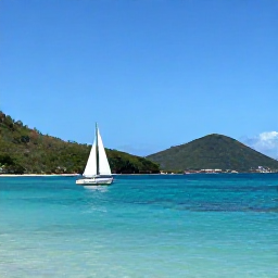 Caribbean Holidays, Guadeloupe Multi-Country Holidays, A bright coastal scene in Guadeloupe during March, with a sailing boat near turquoise water, green hills and clear skies
