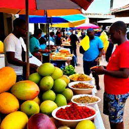 Caribbean Holidays, Guadeloupe Multi-Country Holidays, A colourful Guadeloupe street market with tropical fruit, spices, local dishes and friendly visitors in warm March sunshine