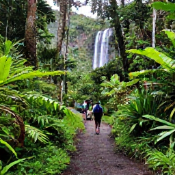 Caribbean Holidays, Guadeloupe Multi-Country Holidays, A lush rainforest trail in Basse-Terre, Guadeloupe, leading towards a waterfall with hikers and tropical plants