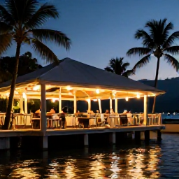 Caribbean Holidays, Guadeloupe Multi-Country Holidays, A relaxed Caribbean evening in Guadeloupe with a small waterfront restaurant, glowing lights, palm trees and holidaymakers dining outdoors