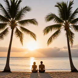 Caribbean Holidays, Guadeloupe Multi-Country Holidays, Couple relaxing on a quiet Guadeloupe beach at sunset with palm trees and calm Caribbean sea