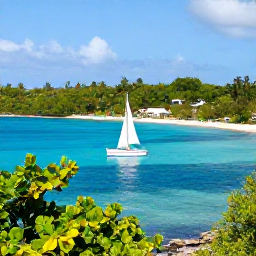 Caribbean Holidays, Guadeloupe Multi-Country Holidays, Sunny Guadeloupe coastline with a sailing boat, tropical greenery and clear Caribbean water in February