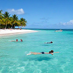 Caribbean Holidays, Guadeloupe Multi-Country Holidays, Travellers swimming and snorkelling in clear Caribbean water beside a Guadeloupe beach, with palms and a small boat offshore