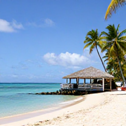 Caribbean Holidays, Guadeloupe Multi-Country Holidays, Tropical Guadeloupe beach with turquoise water, palm trees and a small beachfront restaurant