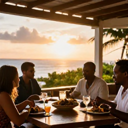Caribbean Holidays, Guadeloupe Multi Country, Outdoor Caribbean restaurant at sunset with Creole dishes, rum cocktails and relaxed holiday diners