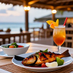 Caribbean Holidays, Guadeloupe Multi-Country, Outdoor Caribbean restaurant table with grilled fish, tropical fruit and rum punch, surrounded by warm evening light