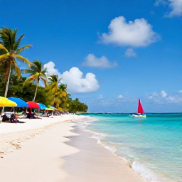 Caribbean Holidays, Guadeloupe Multi-Country, Palm-fringed white sand beach in Guadeloupe with clear turquoise water, colourful beach umbrellas and a small sailing boat