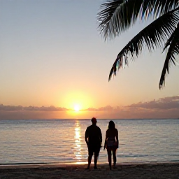 Caribbean Holidays, Guadeloupe Multi Country, Relaxed couple watching the sunset from a Caribbean beach, with calm sea, warm light and palm silhouettes