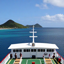 Caribbean Holidays, Guadeloupe Multi-Country, Traditional Caribbean ferry sailing between tropical islands, with passengers on deck, blue sea and green hills in the distance