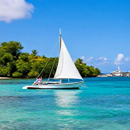 Caribbean Holidays, Guadeloupe Multi-Country, Traditional sailing boat crossing clear Caribbean water between lush islands, with a sunny harbour in the background