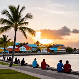 Caribbean Holidays, Guadeloupe Multi-Country, Travellers enjoying a sunset waterfront promenade in Guadeloupe, with palm trees, colourful buildings and calm Caribbean sea