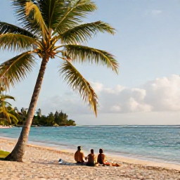 Caribbean Holidays, Guadeloupe Multi-Country, Travellers relaxing on a quiet palm-fringed Guadeloupe beach with calm turquoise water and soft late-summer sunlight