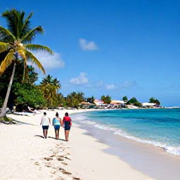 Caribbean Holidays, Guadeloupe Multi Country, Travellers walking beside a sandy Guadeloupe beach with turquoise water, palm trees and a small coastal village