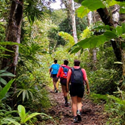 Caribbean Holidays, Guadeloupe Nature, Hikers walking through tropical rainforest on La Soufri&egrave;re in Guadeloupe