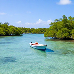 Caribbean Holidays, Guadeloupe Nature Holidays, A calm Caribbean lagoon surrounded by mangroves, with a small boat exploring the clear turquoise water near Guadeloupe