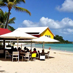 Caribbean Holidays, Guadeloupe Nature Holidays, A friendly outdoor caf&eacute; near a Guadeloupe beach with local food, colourful buildings and holidaymakers enjoying the afternoon