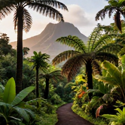 Caribbean Holidays, Guadeloupe Nature Holidays, A lush tropical rainforest trail in Guadeloupe with towering ferns, volcanic mountains and soft morning light