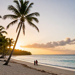 Caribbean Holidays, Guadeloupe Nature Holidays, A quiet Guadeloupe beach at sunset with palm trees, calm turquoise water and a couple enjoying the natural scenery