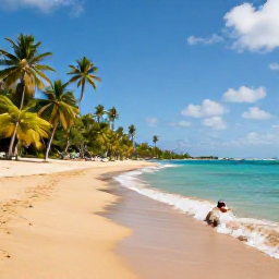Caribbean Holidays, Guadeloupe Nature Holidays, A quiet Guadeloupe beach with turquoise water, golden sand, palm trees and a snorkeller near the shore