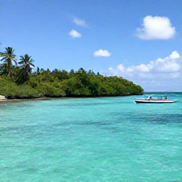 Caribbean Holidays, Guadeloupe Nature Holidays, Clear turquoise lagoon near Guadeloupe with mangroves, small boat and calm tropical water under a bright sky