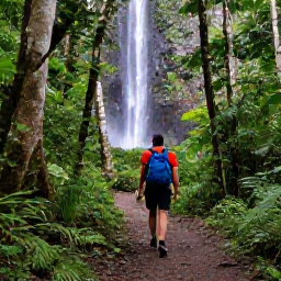 Caribbean Holidays, Guadeloupe Nature Holidays, Hikers walking through tropical rainforest on a marked trail towards a waterfall in Guadeloupe National Park