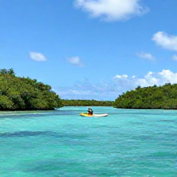 Caribbean Holidays, Guadeloupe Nature Holidays, Kayaker paddling through clear turquoise water among mangroves and small tropical islands in the Grand Cul-de-Sac Marin
