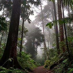 Caribbean Holidays, Guadeloupe Nature Holidays, Lush tropical rainforest and misty mountain trails in Guadeloupe National Park, with towering trees and a peaceful green atmosphere