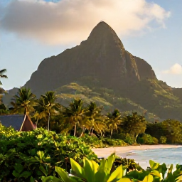 Caribbean Holidays, Guadeloupe Nature Holidays, Relaxed December nature holiday scene in Guadeloupe with a mountain view, tropical vegetation and a small beach in warm afternoon light