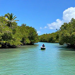 Caribbean Holidays, Guadeloupe Nature Holidays, Turquoise Caribbean sea, mangrove channels and a small boat exploring the Grand Cul-de-Sac Marin nature reserve in Guadeloupe