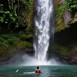 Caribbean Holidays, Guadeloupe Nature Holidays, Visitors swimming in a clear natural pool beneath a waterfall in Guadeloupe, surrounded by dense tropical rainforest