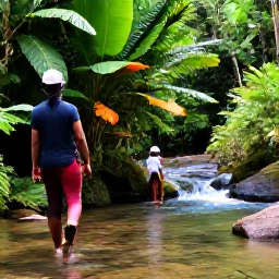 Caribbean Holidays, Guadeloupe Nature Holidays, Visitors walking through a vibrant Guadeloupe rainforest beside a clear stream and tropical plants