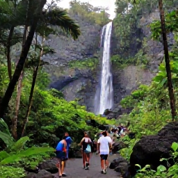 Caribbean Holidays, Guadeloupe Nature Holidays, Waterfall cascading through tropical forest in Guadeloupe, with visitors walking along a verdant trail and volcanic rocks