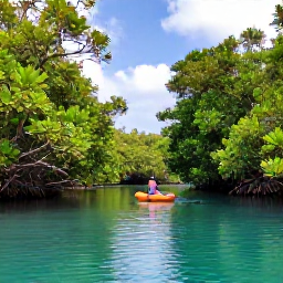 Caribbean Holidays, Guadeloupe Nature, Kayak gliding through calm mangrove channels and turquoise coastal water in Guadeloupe