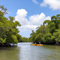 Caribbean Holidays, Guadeloupe Nature, Kayakers exploring the calm mangrove waterways of Grand Cul-de-Sac Marin in Guadeloupe