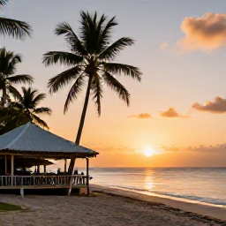 Caribbean Holidays, Guadeloupe Nature, Quiet palm-fringed beach in Guadeloupe at sunset, with a simple local restaurant nearby