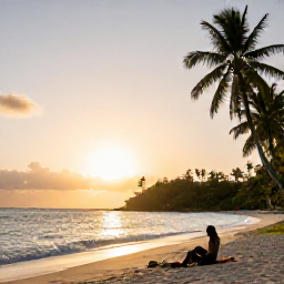 Caribbean Holidays, Guadeloupe Nature, Travellers relaxing beside a scenic Guadeloupe beach at sunset after a day in nature