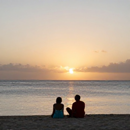 Caribbean Holidays, Guadeloupe November, A Caribbean sunset over a calm Guadeloupe beach, with a couple enjoying the final light of the day
