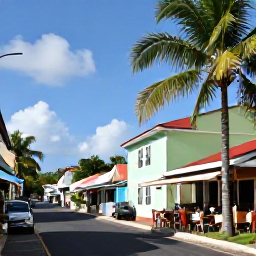 Caribbean Holidays, Guadeloupe November, A sunny November street scene in Pointe-&agrave;-Pitre, Guadeloupe, with colourful Creole buildings, palm trees and relaxed caf&eacute;s