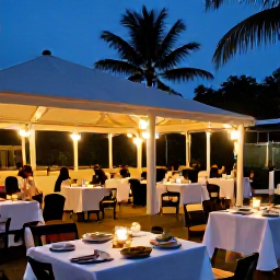 Caribbean Holidays, Guadeloupe November, An outdoor evening dining scene in Pointe-&agrave;-Pitre, Guadeloupe, with tables, Creole food, warm lights and palm trees