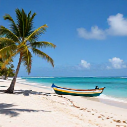 Caribbean Holidays, Guadeloupe October, Grande-Terre Guadeloupe beach with white sand, clear blue sea, palm trees and a small colourful fishing boat