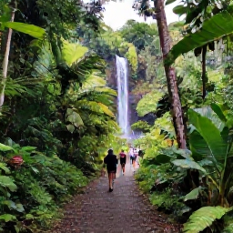Caribbean Holidays, Guadeloupe October, Guadeloupe rainforest trail near Basse-Terre with lush tropical vegetation, a waterfall and visitors exploring the path
