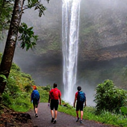 Caribbean Holidays, Guadeloupe October, Hikers walking through Guadeloupe National Park rainforest towards a misty waterfall