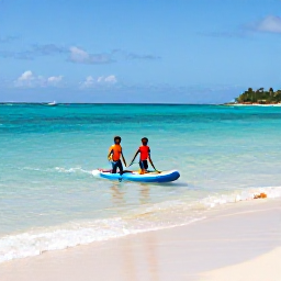 Caribbean Holidays, Guadeloupe October Holidays, Children paddling in shallow turquoise water on a sandy Guadeloupe beach